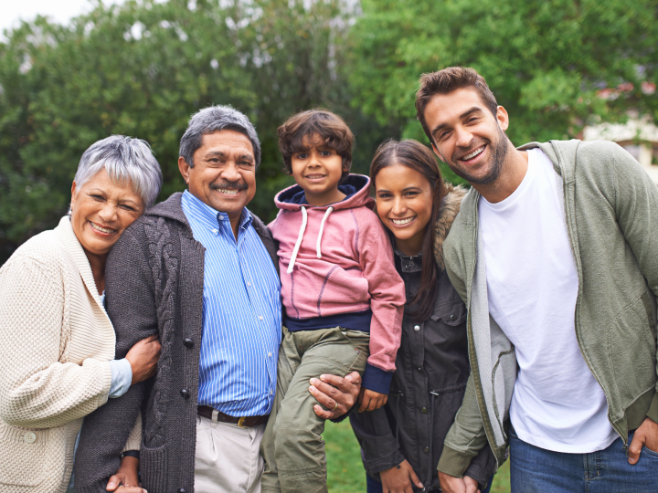 Multi-generational family posing outdoors