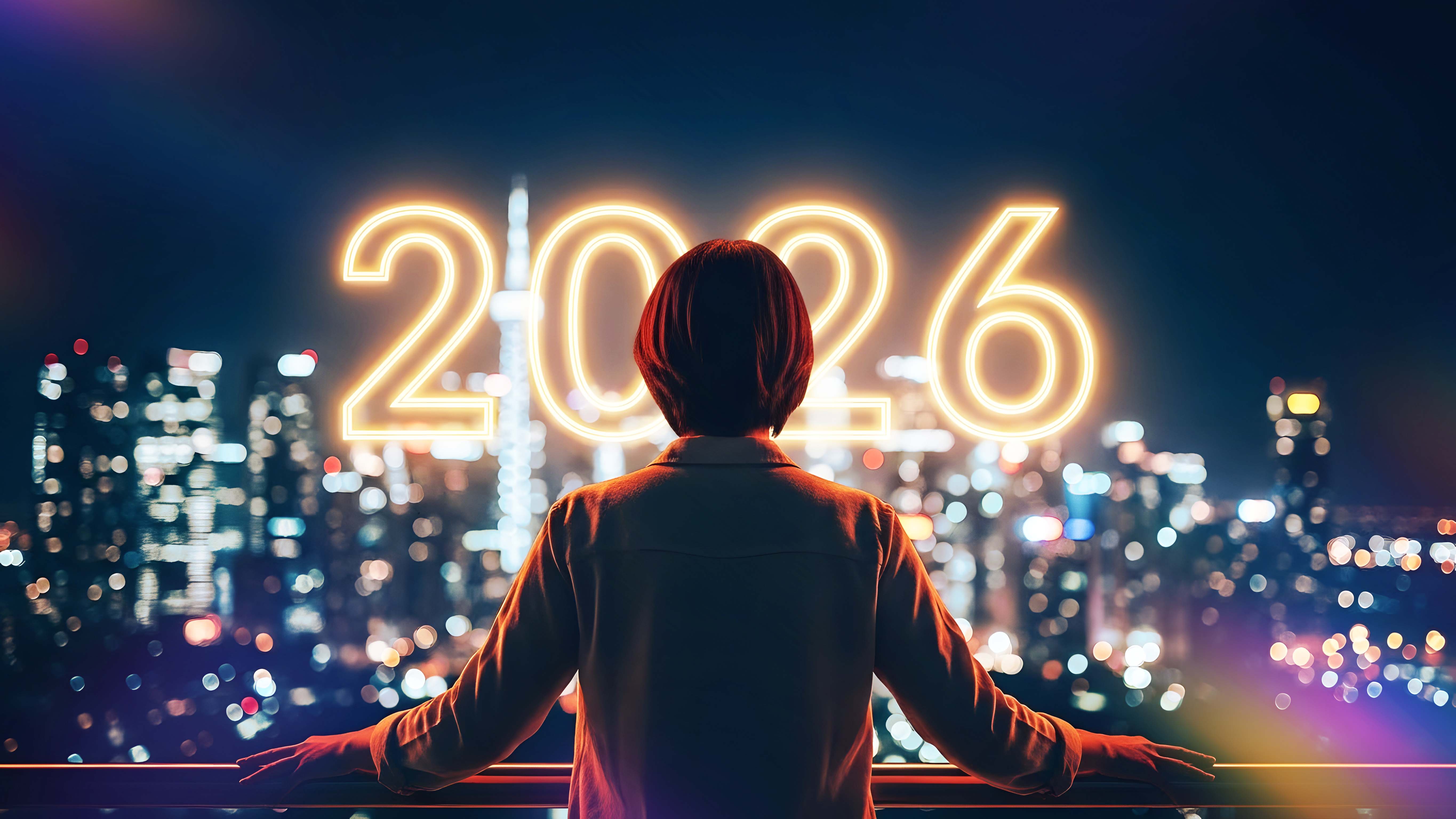 Woman standing on balcony at night looking at skyline and big bright 2026 hologram