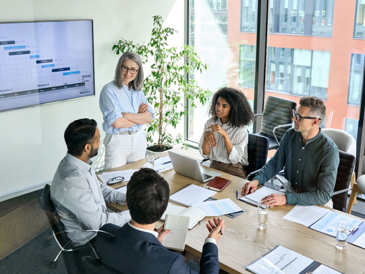 Mature woman running a meeting with diverse team